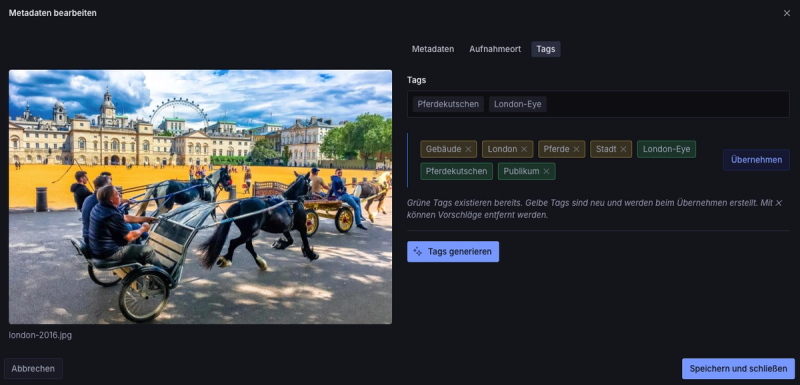 Tags-Tab mit automatisch generierten Keywords und Bewertungen durch Gemini API