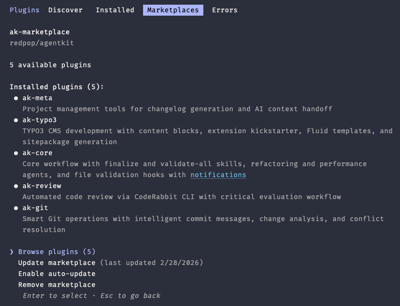 AgentKit Marketplace in Claude Code mit fünf installierten Plugins und Verwaltungsoptionen