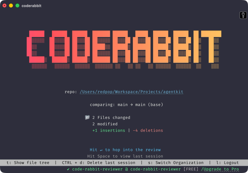 CodeRabbit CLI Review-Oberfläche im Terminal mit Zusammenfassung der Änderungen im AgentKit-Projekt