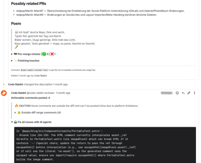 CodeRabbit Pro Review in einem GitLab Merge Request mit Sequenzdiagramm, Poem-Zusammenfassung und vier Actionable Comments