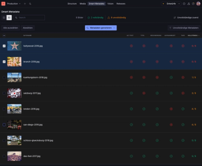 Listenansicht des Plugins zeigt Bilder mit automatisch erzeugten Metadaten in Sanity Studio