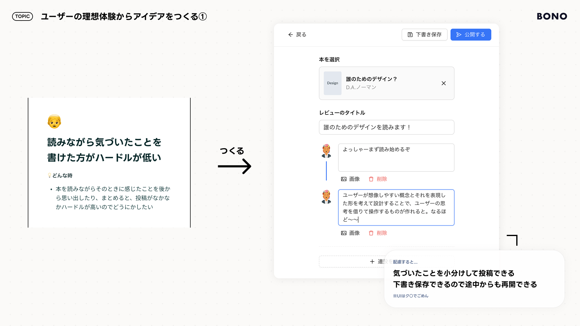 Xのように気づきを連投して、本の内容を書く