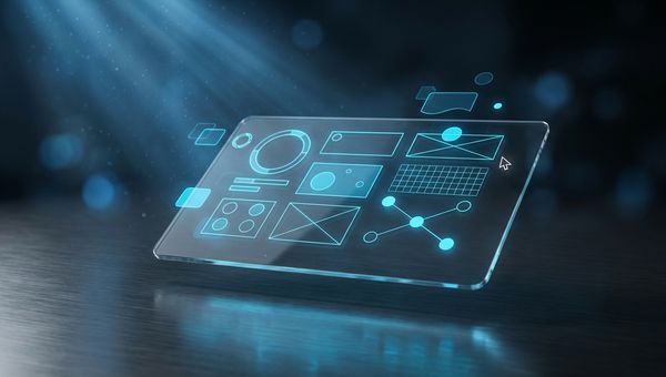 Zwevend glazen design tablet met blauwe UI wireframes
