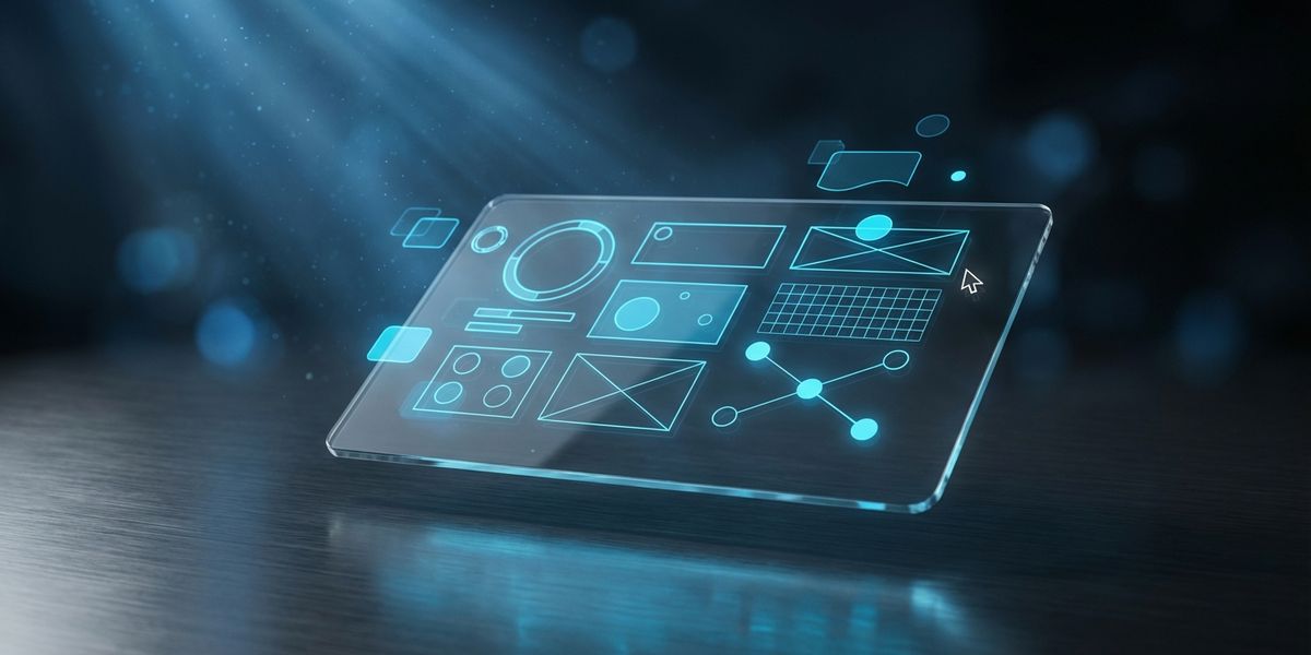 Zwevend glazen design tablet met blauwe UI wireframes