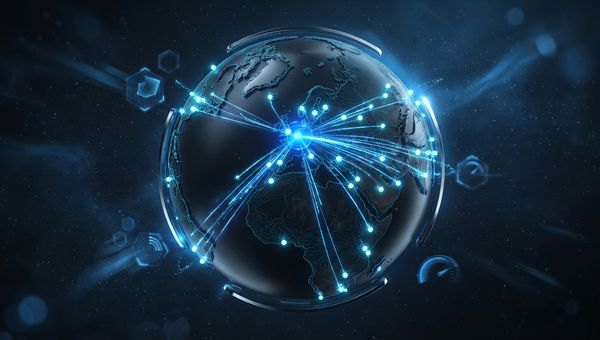 Donkere globe met blauwe edge server nodes verbonden door lichtstralen