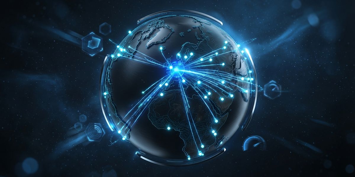 Donkere globe met blauwe edge server nodes verbonden door lichtstralen