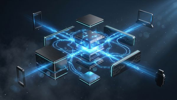 Modulaire server architectuur met blauwe verbindingslijnen