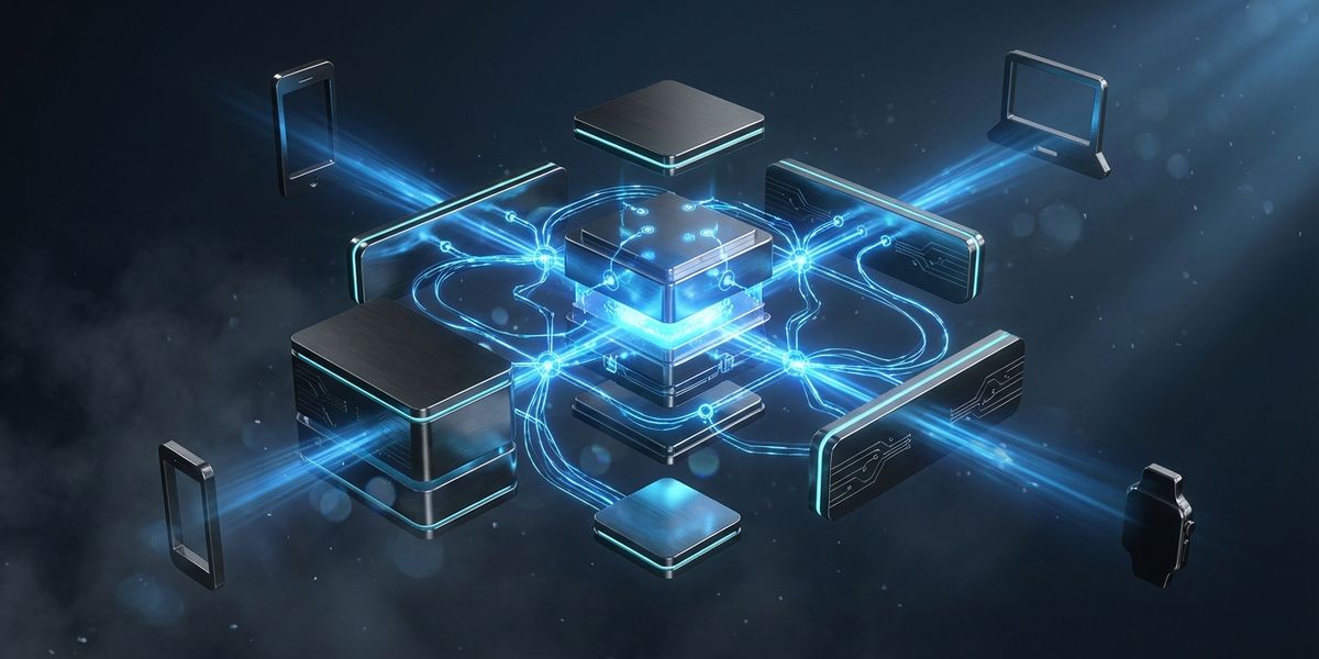 Modulaire server architectuur met blauwe verbindingslijnen