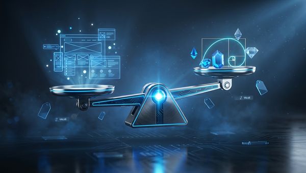 Futuristische weegschaal met website en waarde-elementen in blauw