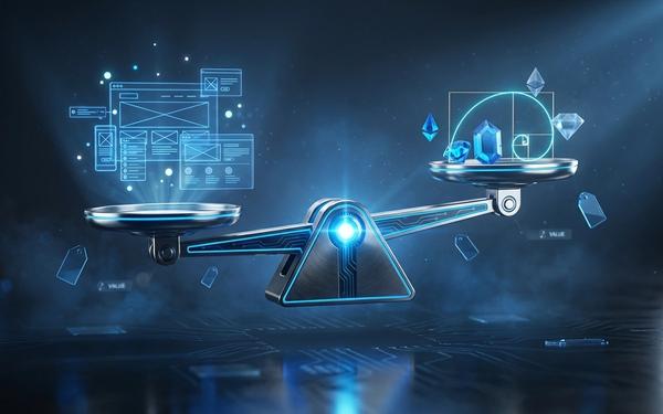 Futuristische weegschaal met website en waarde-elementen in blauw