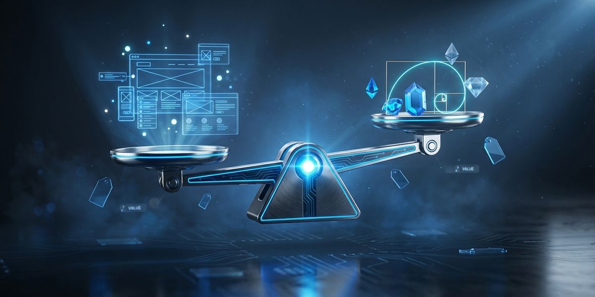 Futuristische weegschaal met website en waarde-elementen in blauw