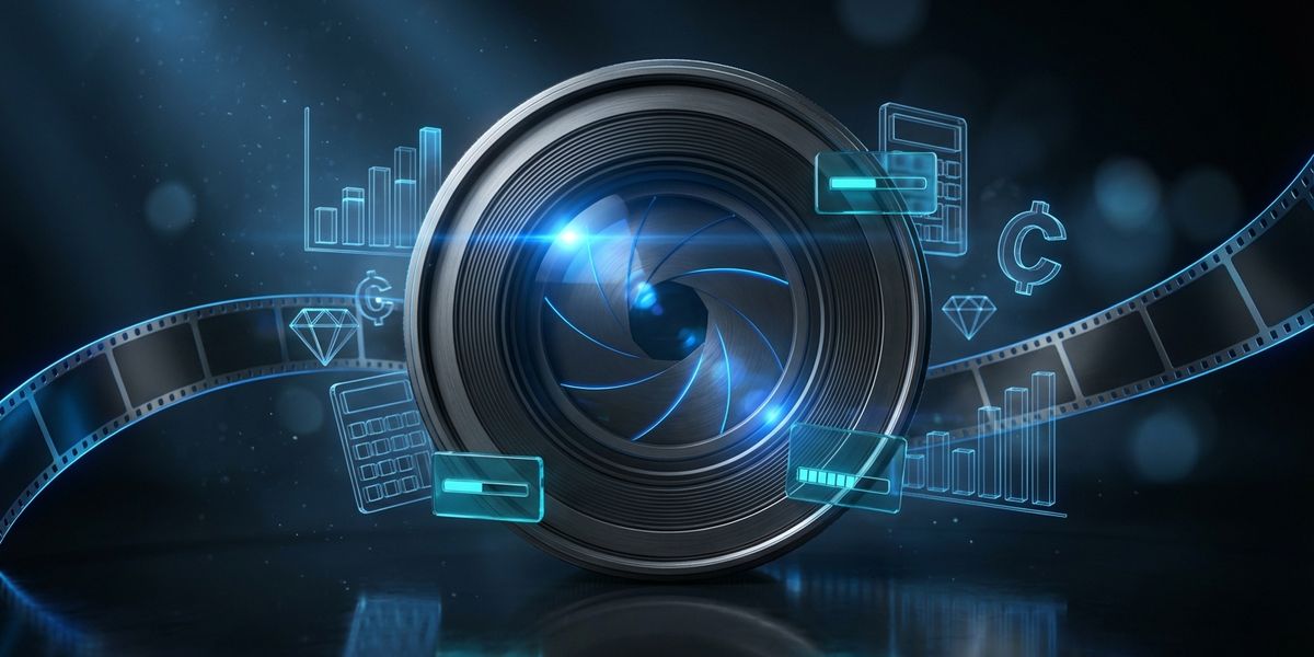 Professionele camera lens met blauwe lichtreflecties en prijselementen