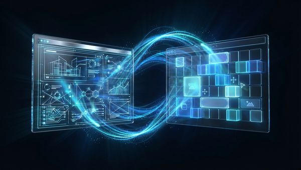 Twee zwevende 3D glasschermen met wireframes verbonden door gloeiende energiestromen