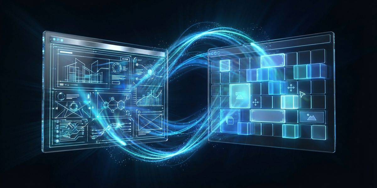 Twee zwevende 3D glasschermen met wireframes verbonden door gloeiende energiestromen