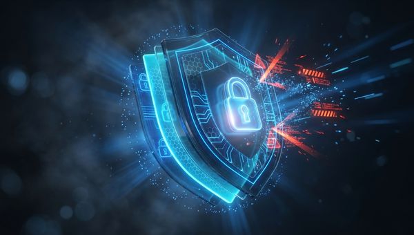Cybersecurity schild met blauwe beschermingslagen