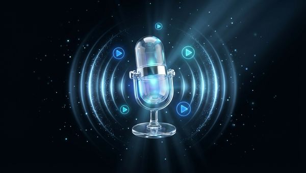 Gloeiende 3D microfoon met geluidsgolven op donkere achtergrond