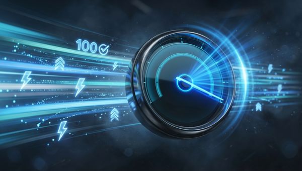 Snelheidsmeter met blauwe lichtstralen en performance indicators