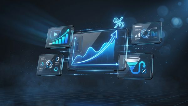 Marketing dashboard hologram met blauwe ROI grafieken