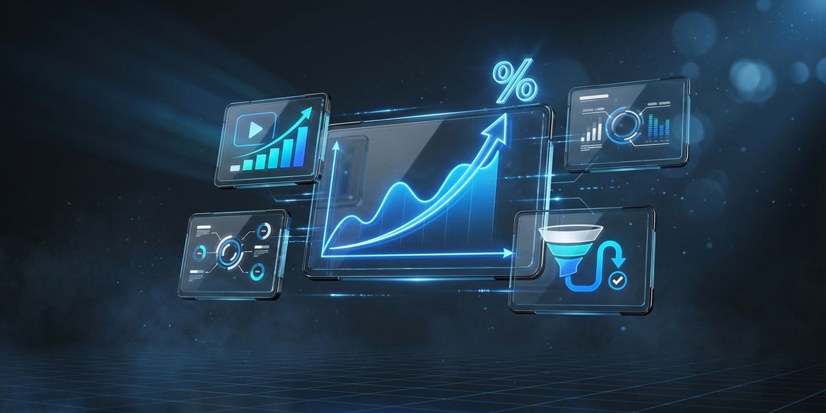 Marketing dashboard hologram met blauwe ROI grafieken