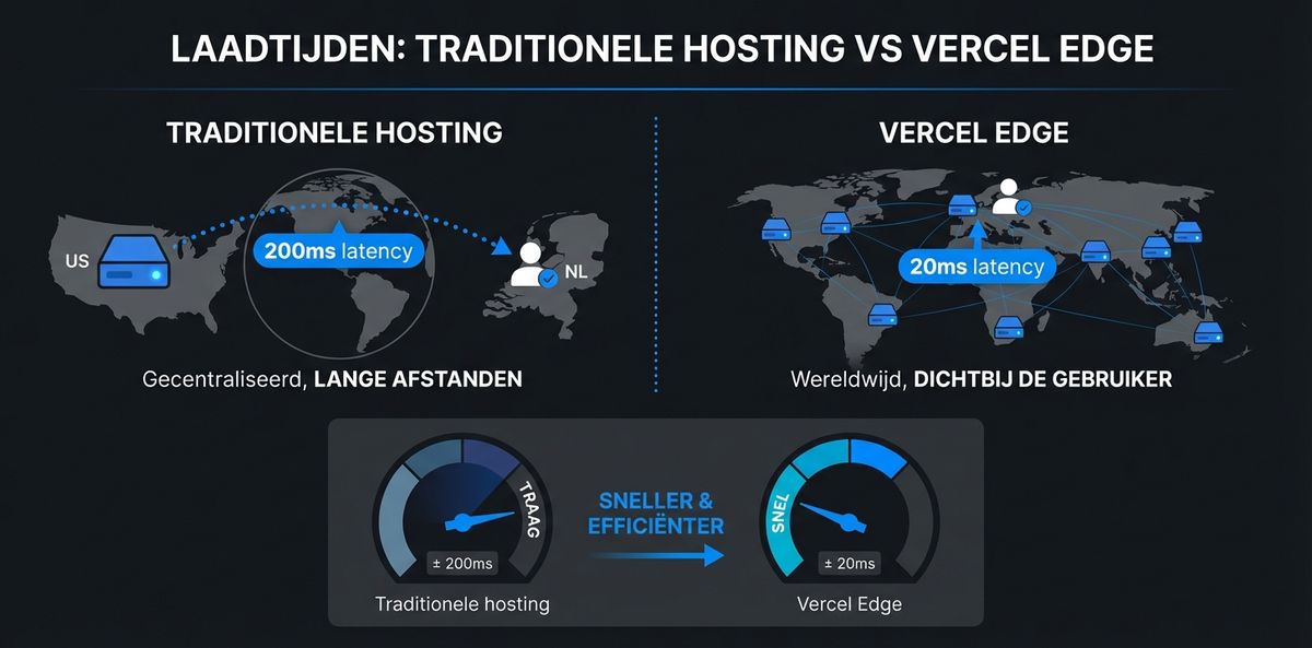 Infographic: vergelijking laadtijd traditionele hosting (200ms) versus Vercel Edge (20ms)
