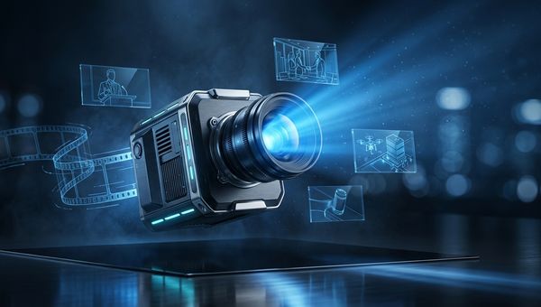 Professionele filmcamera met blauwe lichtstralen in donkere studio