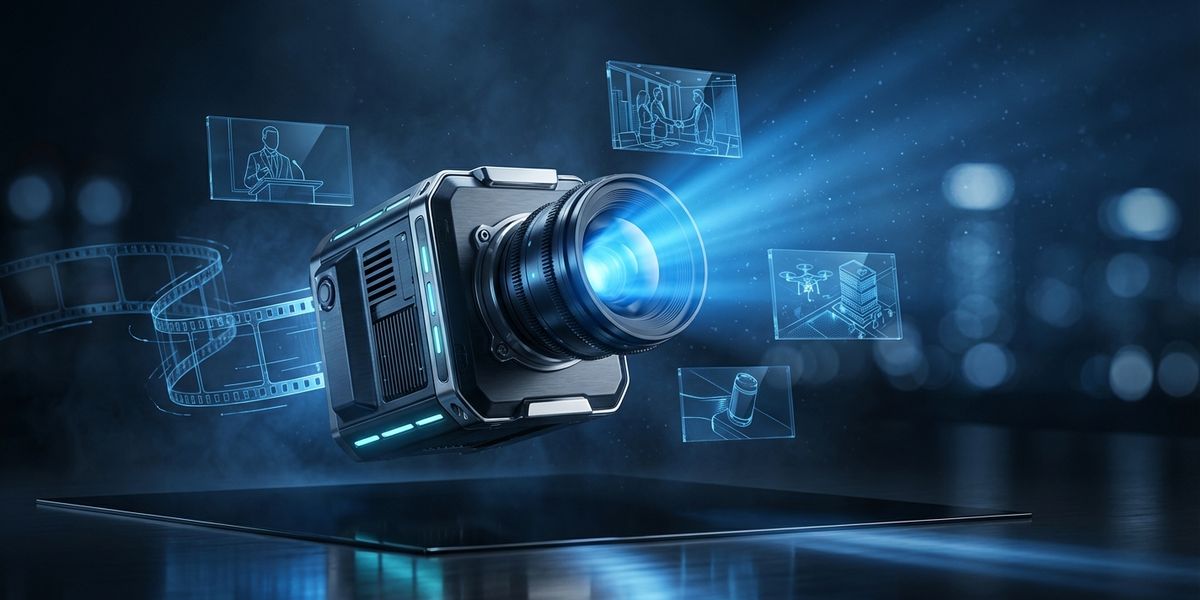 Professionele filmcamera met blauwe lichtstralen in donkere studio