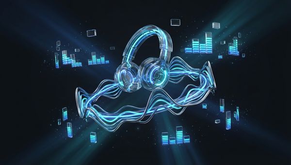 Gloeiende 3D audio-apparatuur met geluidsgolven op donkere achtergrond