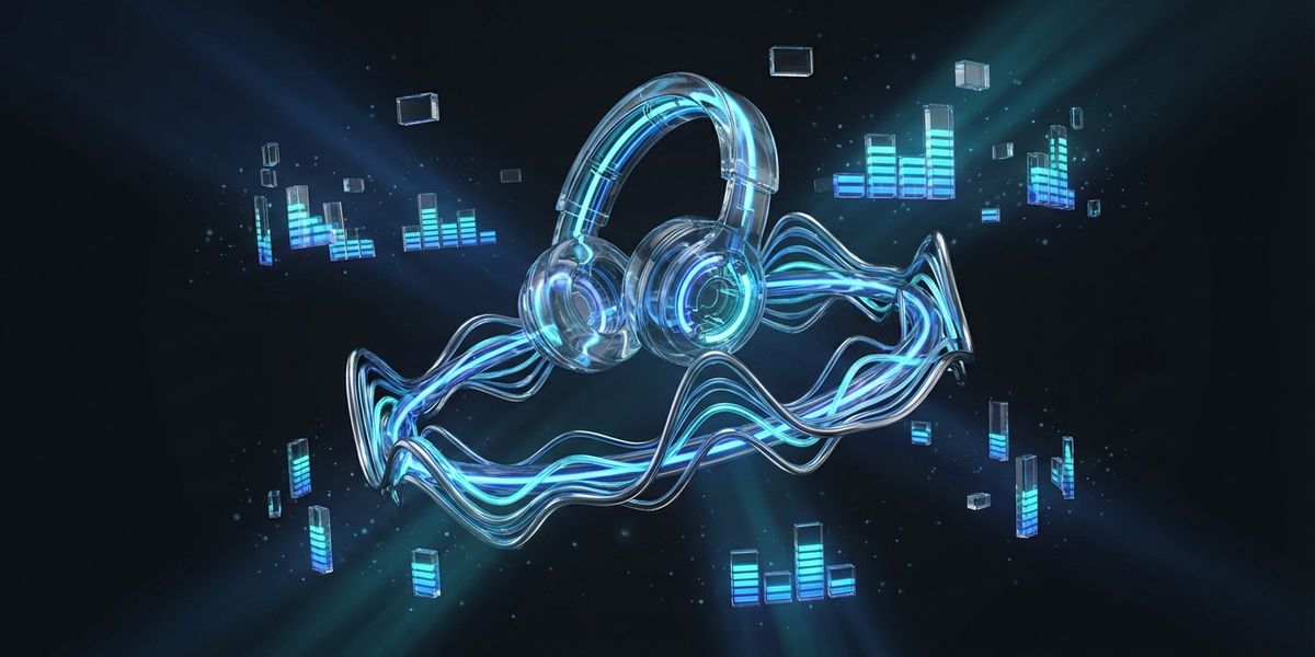 Gloeiende 3D audio-apparatuur met geluidsgolven op donkere achtergrond