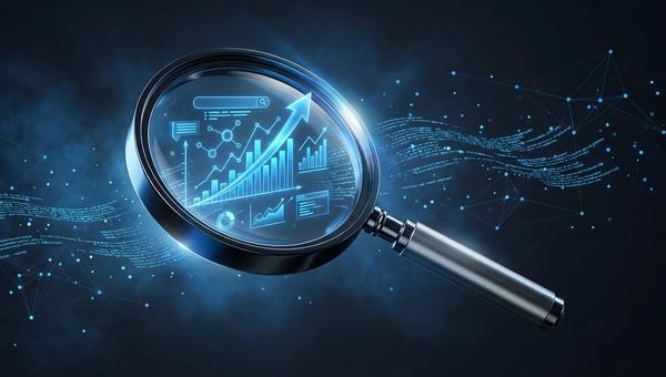 Vergrootglas met blauwe data grafieken en zoekresultaten