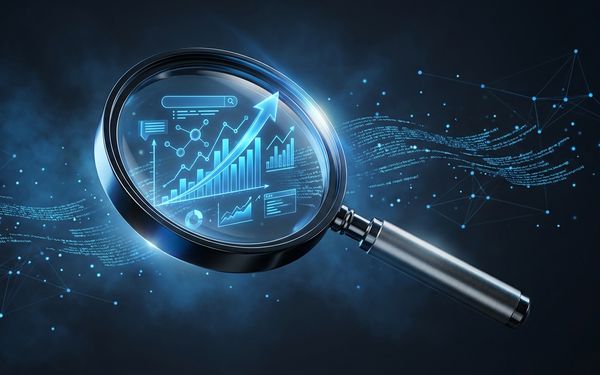 Vergrootglas met blauwe data grafieken en zoekresultaten