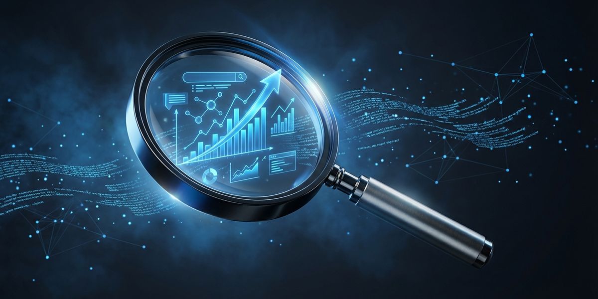 Vergrootglas met blauwe data grafieken en zoekresultaten