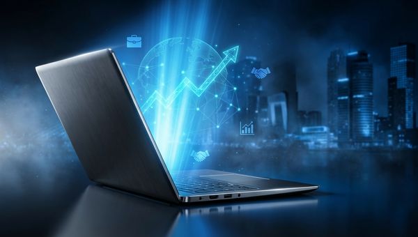 Strak laptop silhouet met blauwe digitale aanwezigheid