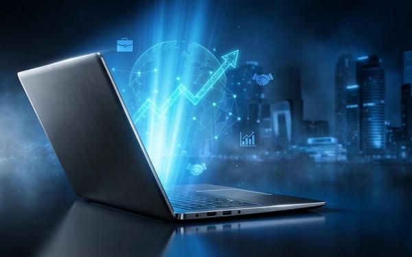 Strak laptop silhouet met blauwe digitale aanwezigheid