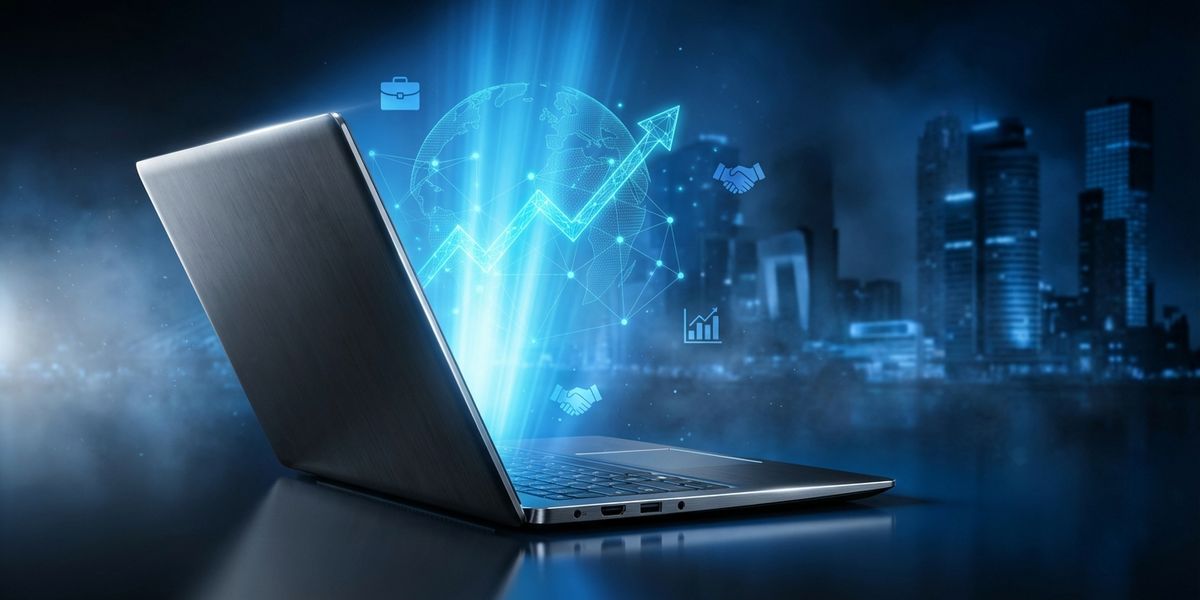 Strak laptop silhouet met blauwe digitale aanwezigheid