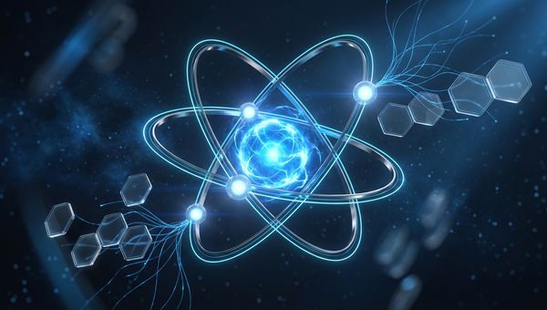 Lichtgevende atoomstructuur met blauwe orbitale ringen