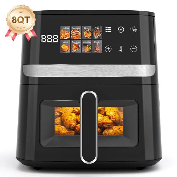 Bluebow 8QT Air Fryer, 8-in-1 Electric Hot Oven with Digital LED Touchscreen, Visible Window, New, Black