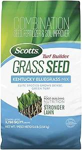 Scotts Turf Builder Grass Seed Kentucky Bluegrass Mix with Fertilizer and Soil Improver, Grows Dense, Green Turf, 5.6 lbs.
