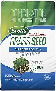 Scotts Turf Builder Grass Seed Sun and Shade Mix with Fertilizer and Soil Improver, Thrives in Many Conditions, 16 lbs.