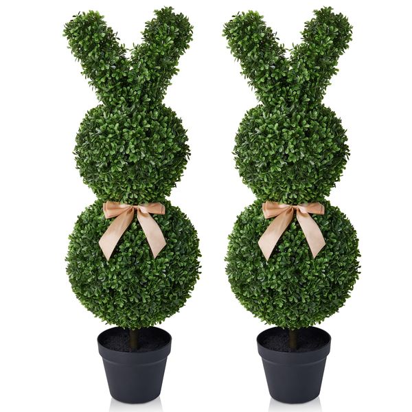 DR.Planzen 2 Pack 36'' Artificial Boxwood Easter Bunny Topiary, Green Spring Outdoor Indoor Decor