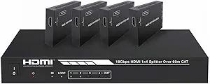 Monoprice 4K HDMI 2.0 1x4 Splitter Extender Kit - Up to 60 Meters 4K@60Hz, 18Gbps, HDR10, HDR10+, Dolby Vision, Hyper Log‑Gamma, HDCP 2.2, HDMI Loop Out, EDID, PoC, 4 Receivers - Blackbird Series