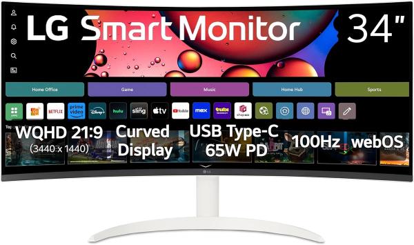LG 34SR63QA-W 34" Curved Smart Monitor, QHD 1440p, UltraWide, USB-C 65W PD, 100Hz, HDR10, White