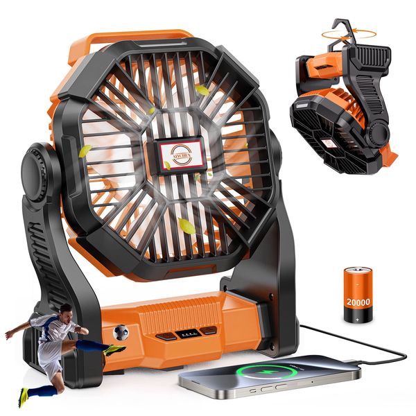 20,000mAh Portable Camping Fan with LED Lantern, Rechargeable Battery Operated Outdoor Fan, 4 Speeds, 270° Rotation, Power Bank Function for Tent, Hiking, Fishing, Emergency, Sports & Game Day, Orang