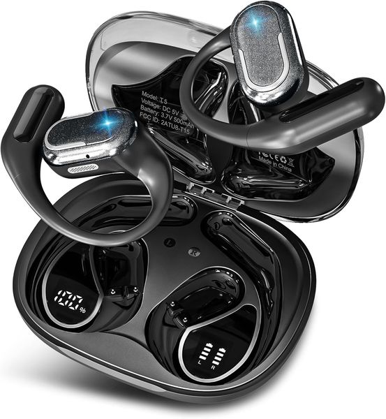 TRAUSI Open Ear Bluetooth Earbuds with LED Display, 46H Playtime, ENC, IPX5, Earhook (Black)