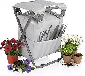 Picnic TIME Gardener 2.0 Folding Seat with Tools, Folding Garden Stool with Detachable Storage Tote Bag, Portable Folding Chair Seat with Garden Tools Set Organizer, (Fog Gray)