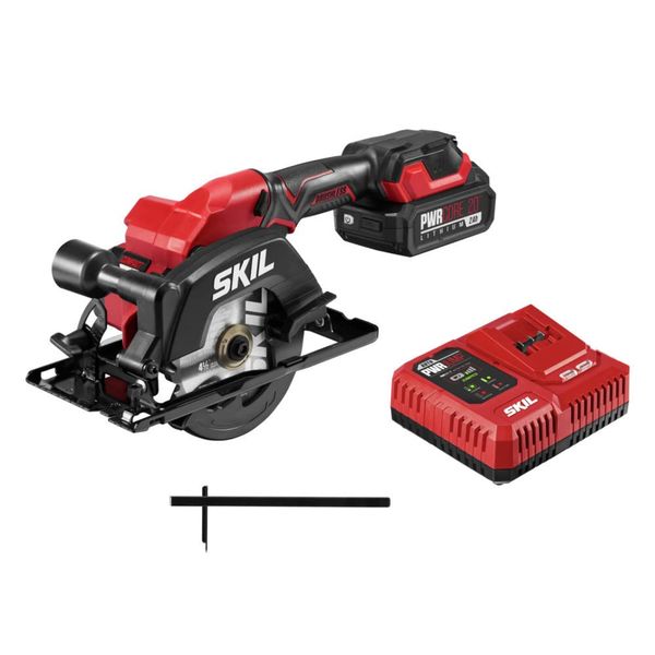 Skil PWRCORE 20 Brushless 20V 4-1/2 in. Compact Lightweight One-Hand Circular Saw Kit with Up to 6,000 RPM Includes 2.0Ah PWR CORE 20 Lithium Battery and Charger - CR5435B-10, Red