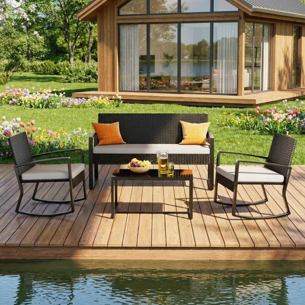 Patio Furniture Set for 4,Lofka 4 Pieces Patio Comversation Set with Outdoor Rocking Chairs,Rattan Loveseat,Glass Bistro Coffee Table,Removable Cushion for Backyard Balcony Lawn Pool,Gray