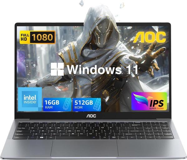 AOC 15.6" FHD Laptop, N95, 16GB RAM, 512GB SSD, Windows 11, Grey