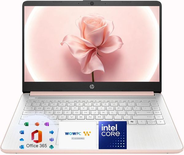 HP 14″Rose Gold Lightweight Laptop, with Office 365 & Copilot AI, Intel Processor, 4GB RAM Memory, 64GB SSD + 1TB Cloud Storage