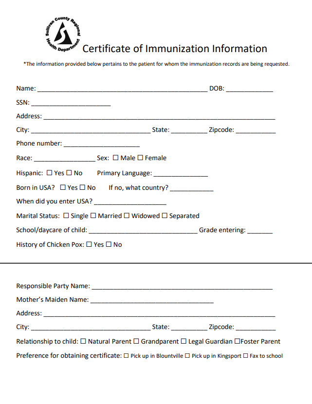 Certificate of Immunization Form