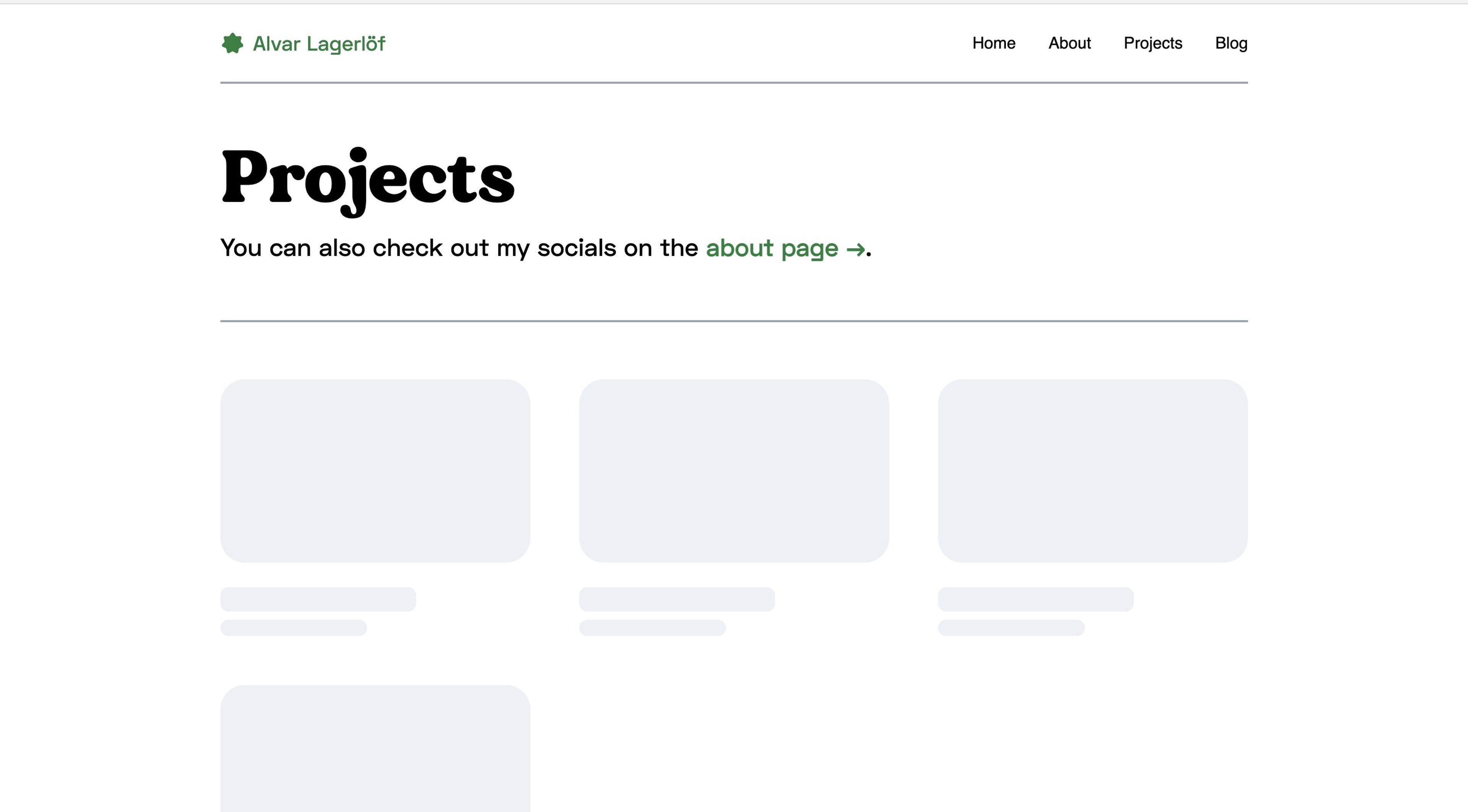 Website alvar.dev, projects page. A grid of projects are loading, indicated by a skeleton UI representing 4 loading projects.